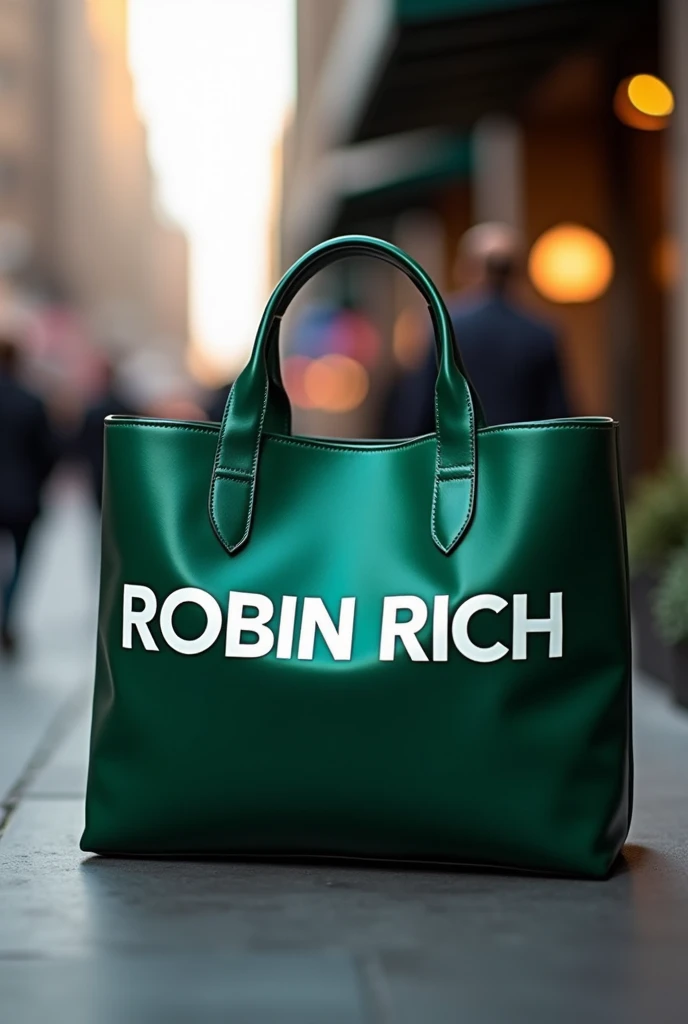 Dark green handleless bag with ROBIN RICH written in white