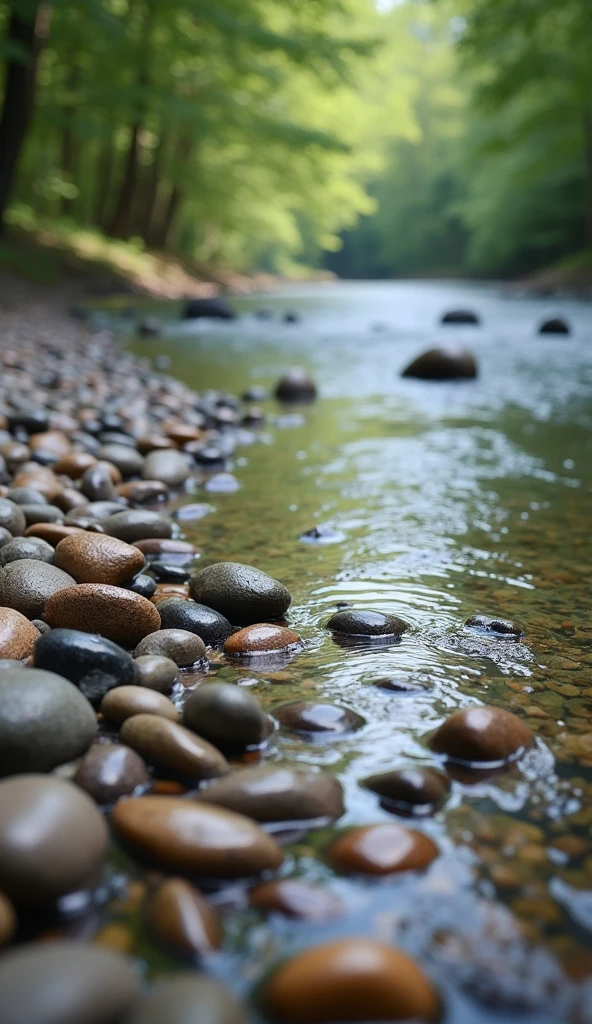 A masterpiece, the best composition, high resolution, riverside scenery, pebbles in a perfect balance, pebbles of beautiful colors, gentle river flow, peace, tranquility.
