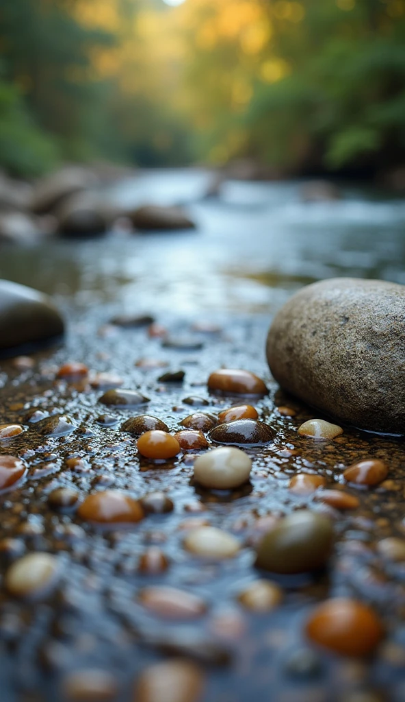 A masterpiece, the best composition, high resolution, riverside scenery, pebbles in a perfect balance, pebbles of beautiful colors, gentle river flow, peace, tranquility.
