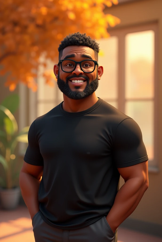 Create a stylized 3D cartoon character of a middle-aged black man. The character should be rendered in a Pixar-like style using Arnold Maya or toon Keyshot render. The rendering must be of high quality, featuring cinematic lighting, sharp focus, detailed textures, detailed skin, a clay-like finish, and bokeh effects, all in 8K resolution.
The character is a middle-aged black man wearing modern black reading glasses and has very short hair. He should have a broad build but without a belly or muscular physique. His expression is friendly but without a smile. His skin tone is dark brown with a warm undertone. The man has two prominent vertical wrinkles on his forehead between his eyebrows.
His beard is trimmed and sparse, with more white hairs on the chin and the rest being dark gray. His hair is gray, extremely short on top, styled to the right, and shaved on the sides. The man has hairy arms and does not wear any accessories or jewelry except for a black smartwatch. He is looking directly at the camera, without being cross-eyed, and without smiling. The man is dressed in an oversized black t-shirt and dark gray pants without a belt.