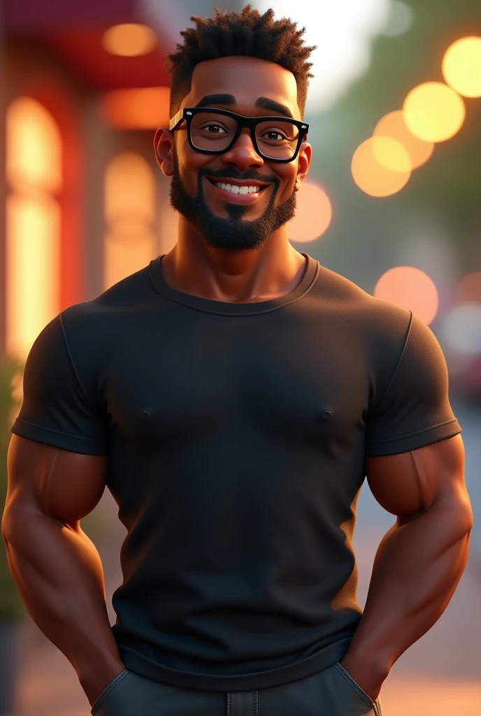 Create a stylized 3D cartoon character of a middle-aged black man. The character should be rendered in a Pixar-like style using Arnold Maya or toon Keyshot render. The rendering must be of high quality, featuring cinematic lighting, sharp focus, detailed textures, detailed skin, a clay-like finish, and bokeh effects, all in 8K resolution.
The character is a middle-aged black man wearing modern black reading glasses and has very short hair. He should have a broad build but without a belly or muscular physique. His expression is friendly but without a smile. His skin tone is dark brown with a warm undertone. The man has two prominent vertical wrinkles on his forehead between his eyebrows.
His beard is trimmed and sparse, with more white hairs on the chin and the rest being dark gray. His hair is gray, extremely short on top, styled to the right, and shaved on the sides. The man has hairy arms and does not wear any accessories or jewelry except for a black smartwatch. He is looking directly at the camera, without being cross-eyed, and without smiling. The man is dressed in an oversized black t-shirt and dark gray pants without a belt.