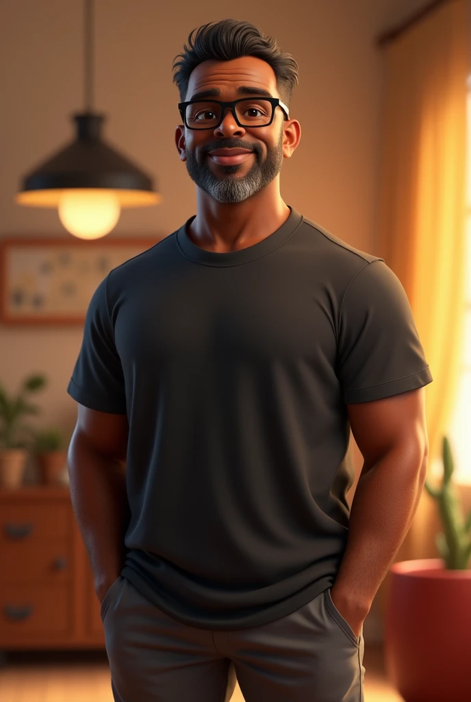 Create a stylized 3D cartoon character of a middle-aged black man. The character should be rendered in a Pixar-like style using Arnold Maya or toon Keyshot render. The rendering must be of high quality, featuring cinematic lighting, sharp focus, detailed textures, detailed skin, a clay-like finish, and bokeh effects, all in 8K resolution.

The character is a middle-aged black man wearing modern black reading glasses and has very short hair. He should have a broad build but without a belly or muscular physique. His expression is friendly but without a smile. His skin tone is dark brown with a warm undertone. The man has two prominent vertical wrinkles on his forehead between his eyebrows.

His beard is trimmed and sparse, with more white hairs on the chin and the rest being dark gray. His hair is gray, extremely short on top, styled to the right, and shaved on the sides. The man has hairy arms and does not wear any accessories or jewelry except for a black smartwatch. He is looking directly at the camera, without being cross-eyed, and without smiling. The man is dressed in an oversized black t-shirt and dark gray pants without a belt.