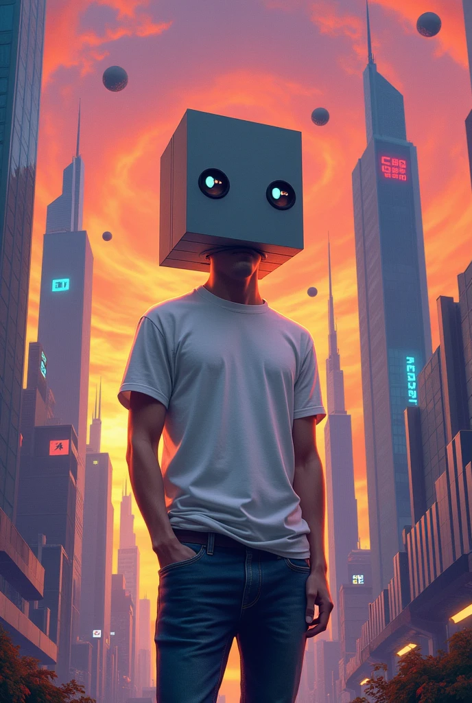 A man with a cubic head