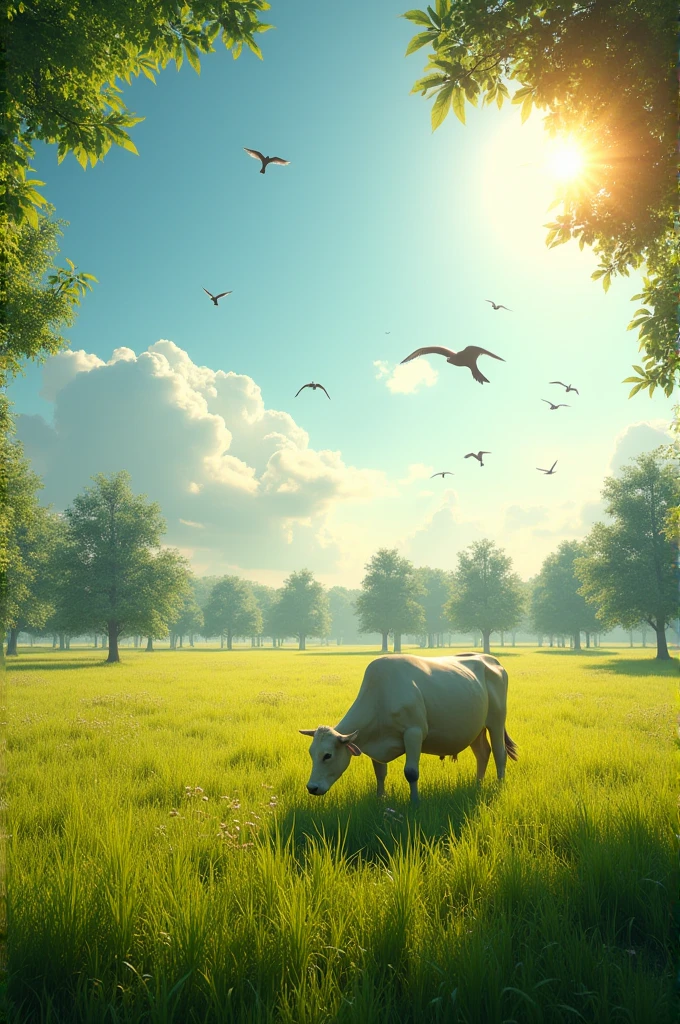 A grassland an a cow eating grass peacefully and trees leaf are moving birds flying