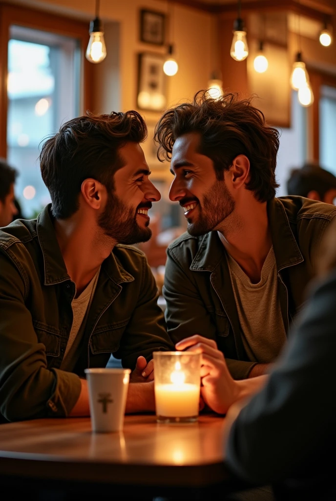 Generate realistic  handsome small beard hairy 2 gay romance 