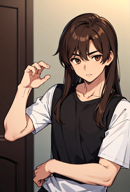 1 boy, handsome, brown hair, long hair, brown eyes