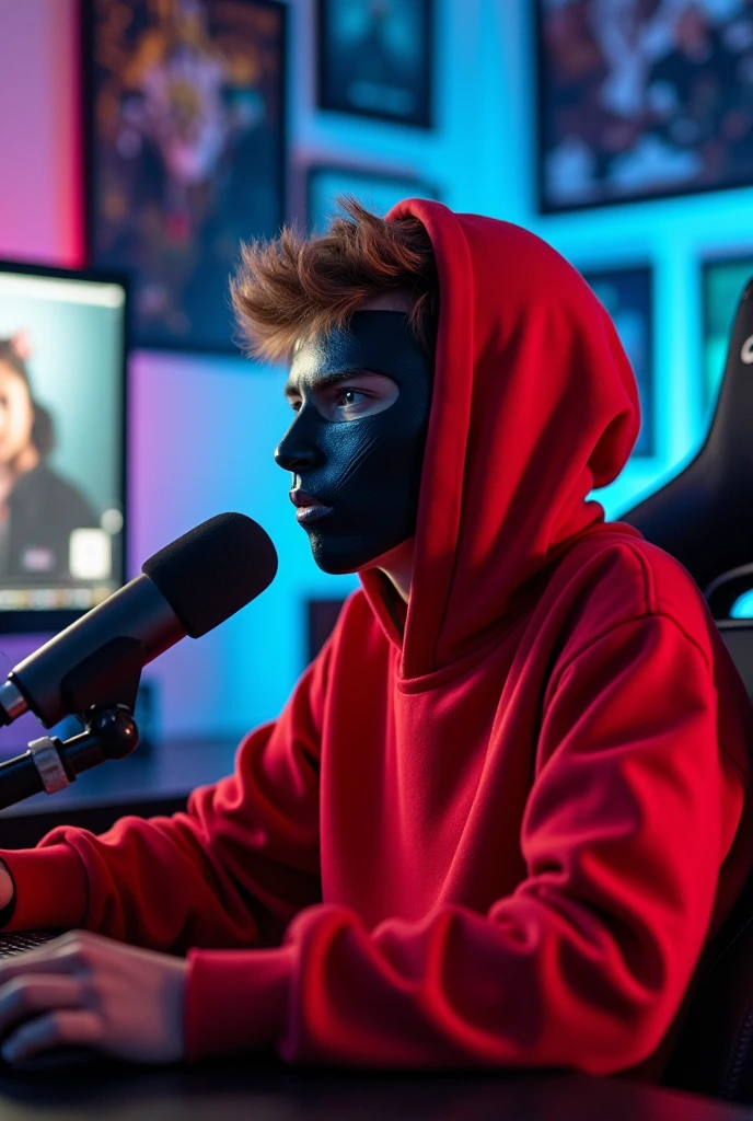 18 old boy with red hoodie and mask in his youtube studio making his youtube vedio in his mic 