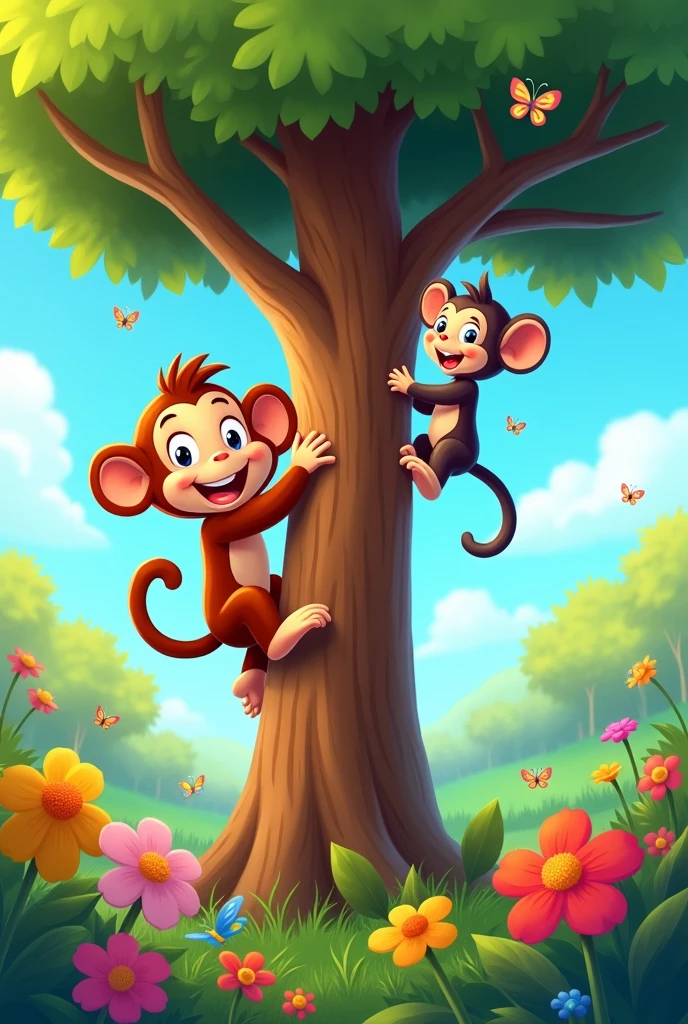 Here’s a prompt you can use to generate an image related to a nursery song:
"A vibrant and cheerful scene of a playful monkey named Monty and his little mouse friend, Chinku, having fun in a lush, green jungle. Monty is happily climbing a tall tree with Chinku sitting on his shoulder, both smiling with joy. The jungle is filled with colorful flowers, butterflies, and friendly animals watching them with admiration. The sky is bright and clear, and there's a sense of excitement and friendship in the air, capturing the lively and playful mood of a nursery rhyme."
If you'd like to create an image from this description, just let me know!