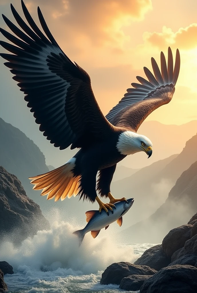 Généré une image d'un aigle royal géant de couleur noire et blanche, en train d'attraper un poisson blanc par son ventre, dans de l'eau bouillante, puis s'envole ses pattes bien tendus