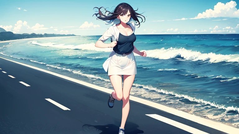 A lightly dressed woman rides in an open car、Please draw an illustration of someone running along a road by the sea.。The woman's expression is cheerful、In the background you can see the white sand beach and the crashing waves of the ocean.。Expresses a scene that captures a refreshing summer moment.。