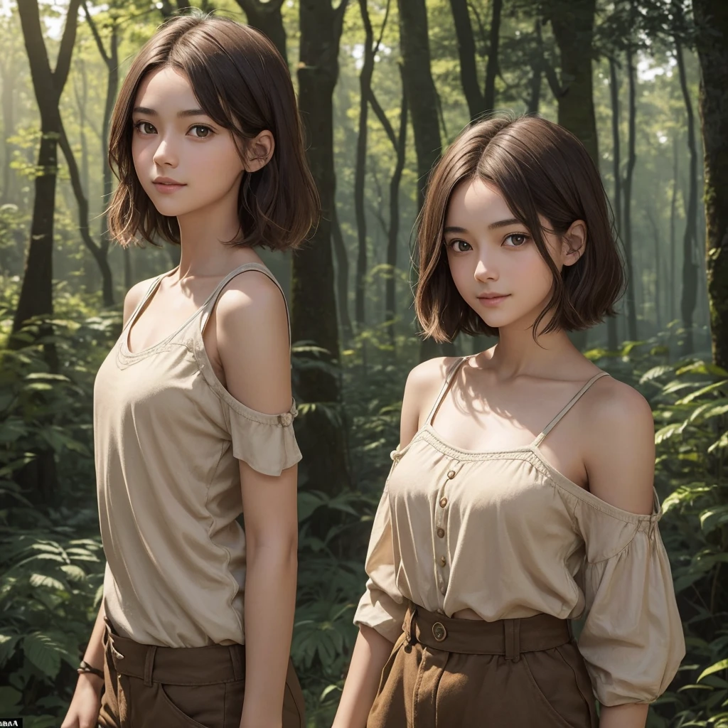 Focus on the face for a delicate depiction、No description below the chest"A medieval-style single female character. Short shoulder-length hair. Youthful appearance, appears to be in her late s but is in fact 30 years old. Has a bright, lively attitude and an energetic, cheerful expression. Her face is androgynous, almost boyish, with soft, youthful features. Her hair is short, practical, and a natural brown colour. She is slender, with a small chest and short stature. Her clothing is practical and resembles that of a country boy, with shorts and a simple brown shirt. The background should be a lush, woodland landscape. The background should be strongly blurred."