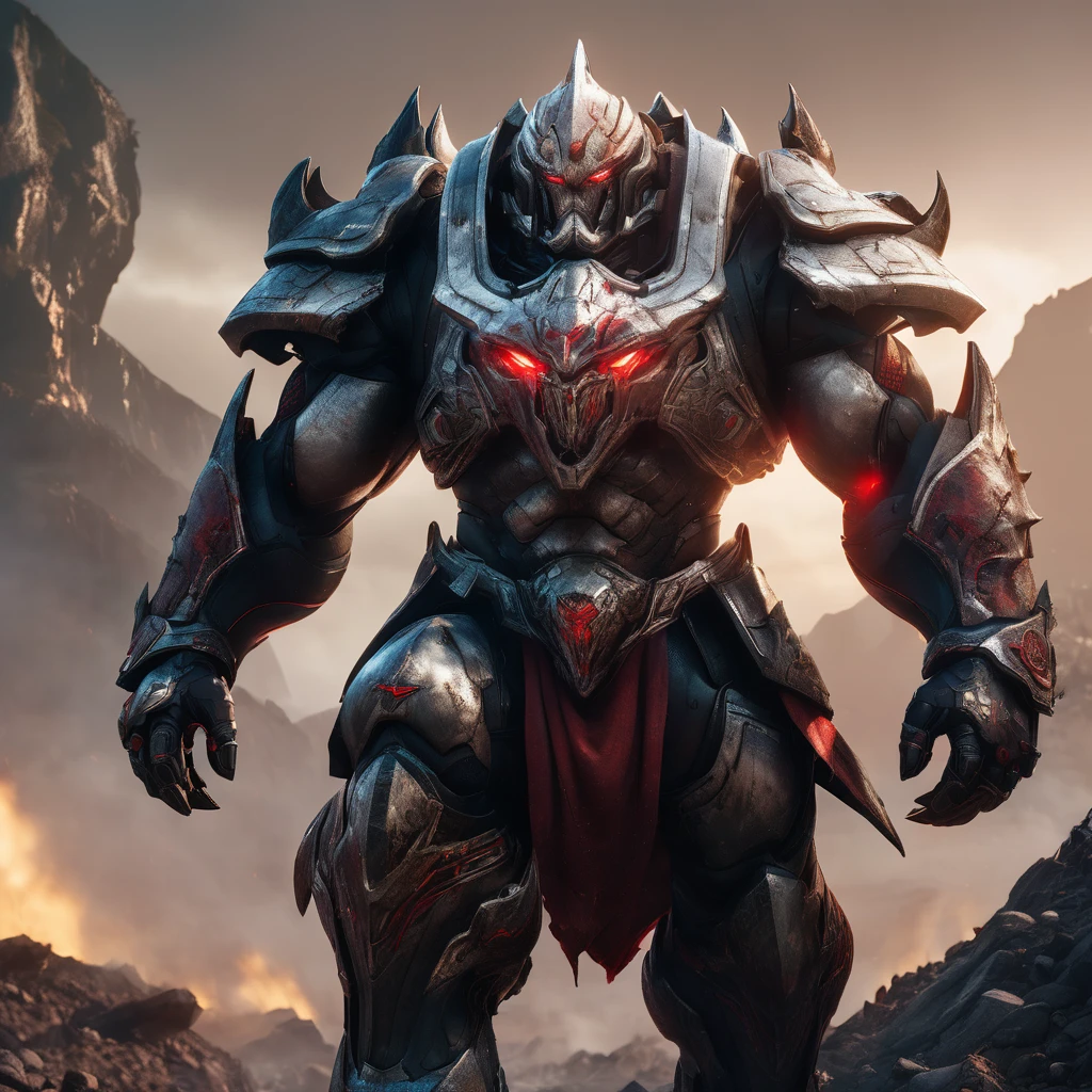 Hyper-realistic photograph of Worldbreaker Sion amidst an apocalyptic landscape. Emphasize his massive physique, intricate armor, and fierce expression using advanced lighting. Utilize a muted color palette with red and black accents to convey his destructive nature. Unreal engine. Cinematic lightings. Volumetric lightings. Projected shadows. Ambient occlusion. Octane render. 32K resolution ultra HD.