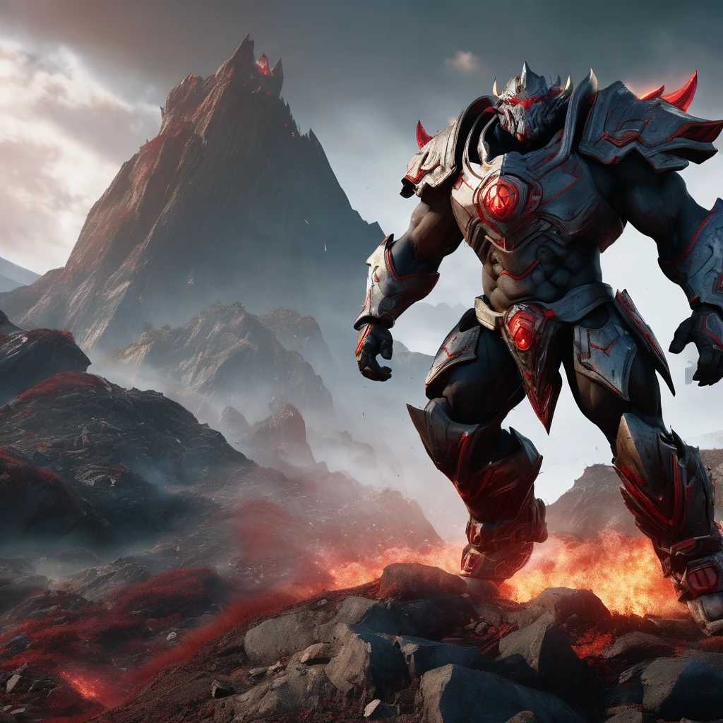 Hyper-realistic photograph of Worldbreaker Sion amidst an apocalyptic landscape. Emphasize his massive physique, intricate armor, and fierce expression using advanced lighting. Utilize a muted color palette with red and black accents to convey his destructive nature. Unreal engine. Cinematic lightings. Volumetric lightings. Projected shadows. Ambient occlusion. Octane render. 32K resolution ultra HD. 