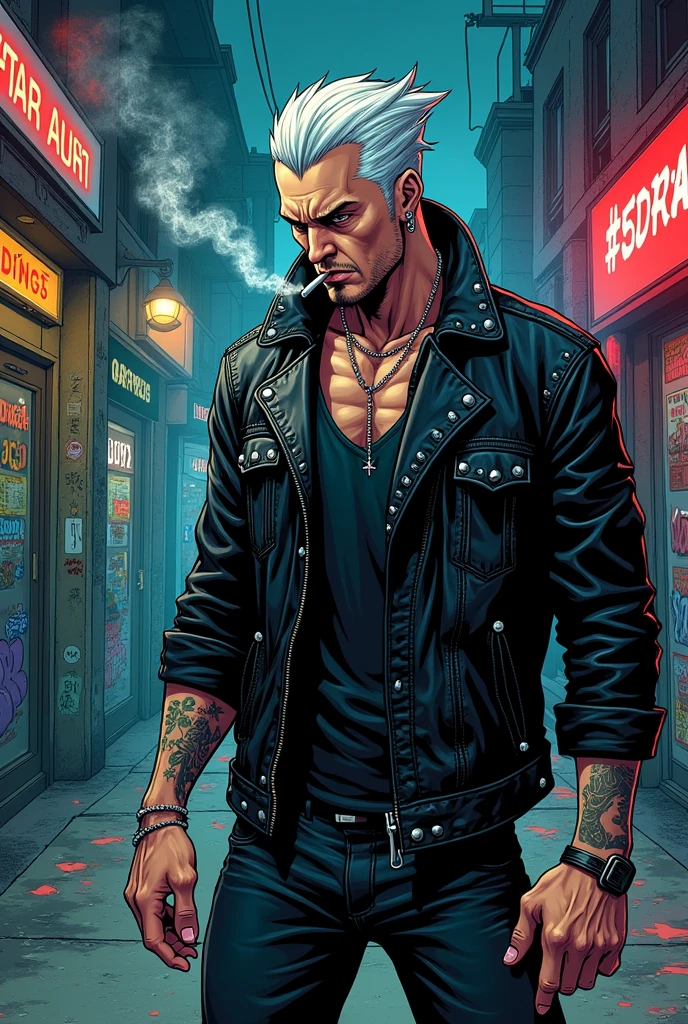 A gangstar with cigarette 🚬 in his mouth and his hair is white .and image like manga characters