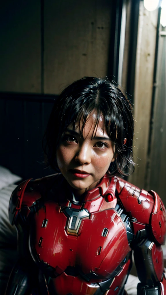 Highest quality　8k Red Iron Man Suit Girl　Middle-aged women　Sweaty face　cute　short hair　boyish　Steam coming out of my head　My hair is wet with sweat　The feel of black hair　Full body portrait　My upper body is soaked　 　I can see the vagina　Lying in bed