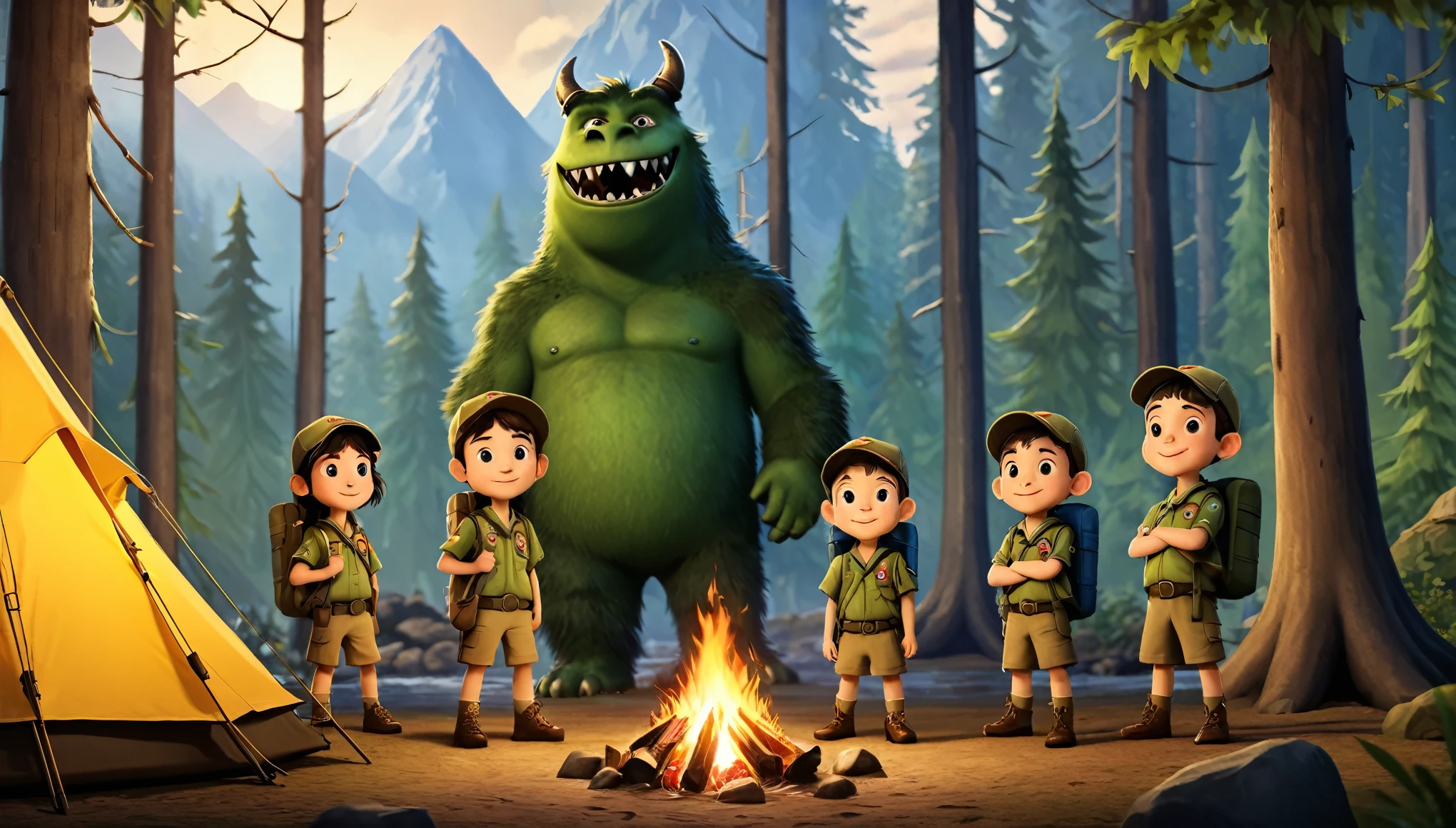 scout's camp, boys in scout uniforms, camp fire, (background: tents, forest, ((evil monster hiding in the )) ),hd, photorealistic