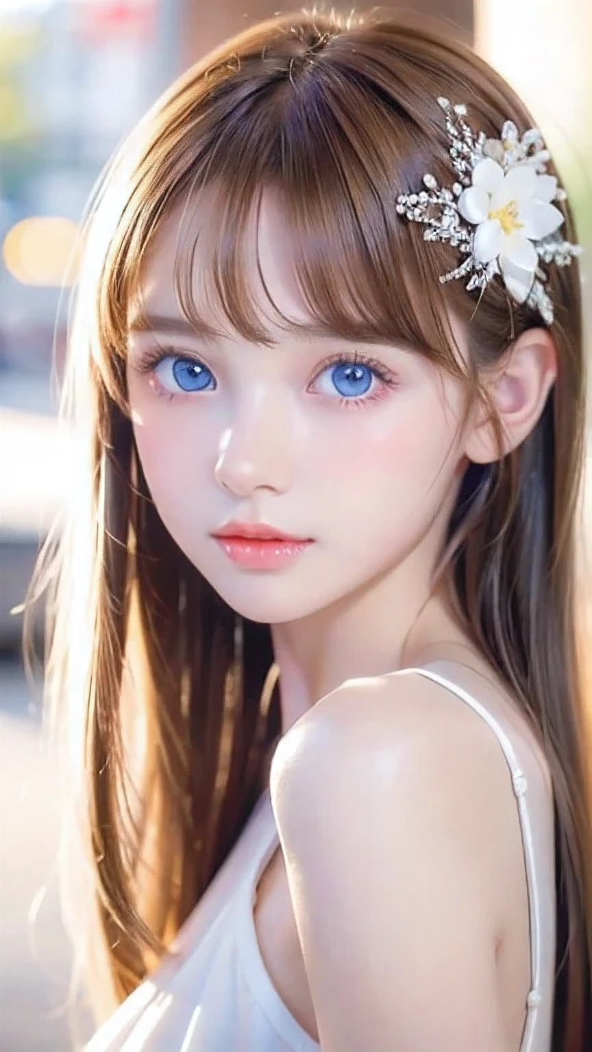 Incredibly bright, white, glossy, beautiful skin、Blonde hair color that changes with reflected light、Bangs between the eyes blocking the view、Glossy highlight on cheeks、sexy, very beautiful, lovely, cute, gorgeous face、The most beautiful face in the world、15-year-old beautiful girl、Super long blonde hair、smooth, straight hair、Big Breasts, Sparkling bright sky blue eyes、Beautiful bangs、Small Face Beauty、Round face、Very beautiful appearance