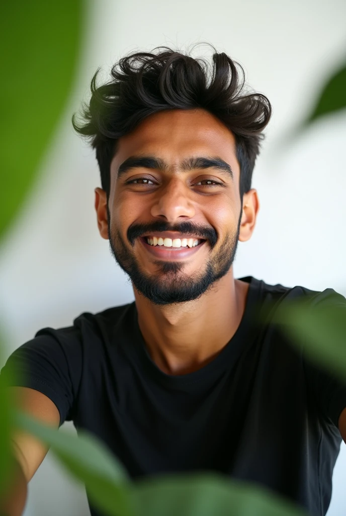 A cute 19 years old indian boy , taking selfie, white background with green plants , simple pose , rough dry face skin , full body view , black shirt , little beard and moustache