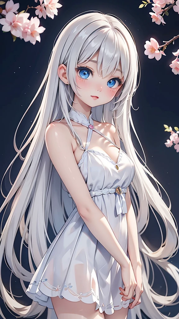 Late 20s European woman、Anime-style illustrations。Short stature with a youthful appearance、Fair skin。Long silvery white hair、Big Blue Eyes。Delicate and slender figure。Wearing a fairy-like elegant dress。Cute expressions and gestures。Background is a soft pastel color。Overall delicate and dreamy atmosphere。High-quality digital art。