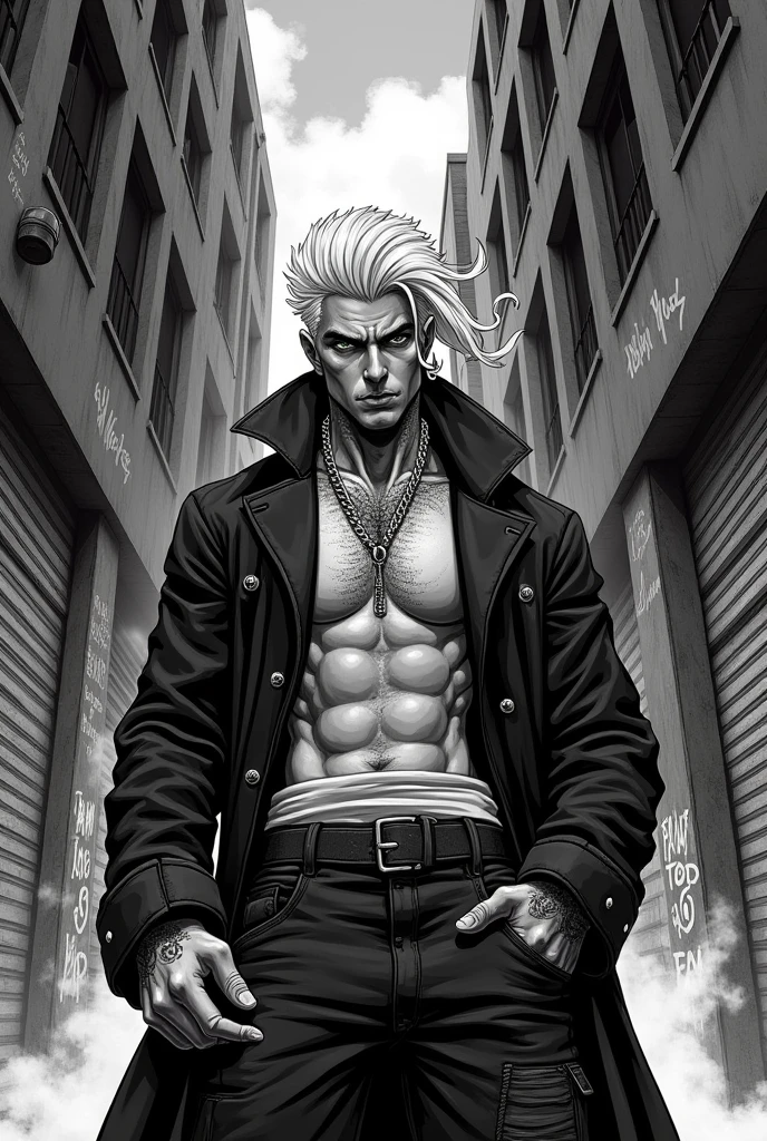 A gangstar with cigarette in his mouth and his hair is white .and this image is like manga 