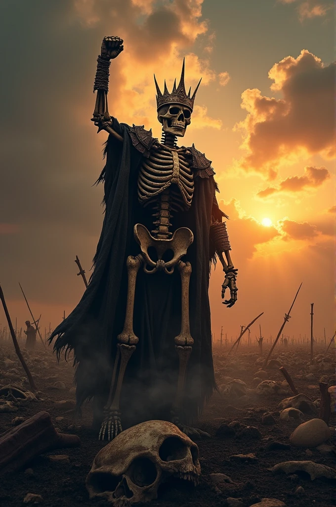king skeleton victory punch after war surrounded by corpses