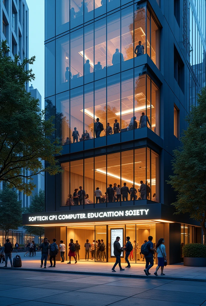 An exterior view of a medium large company building with a visible computer institute inside. Through the windows, students is going and coming  with their laptops, and a light board inside displays "SOFTTECH COMPUTER EDUCATION SOCIETY."