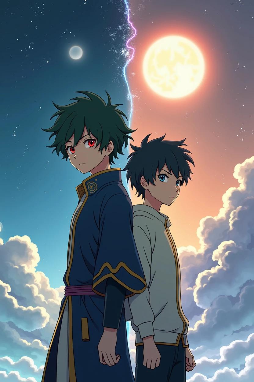 Anime-style illustration, high qualiy, 8k, divided into parts, inspired by Makoto Shinkai, clear image, digitalpainting, trends on ArtStation and Pixiv. The scene has a low-angle perspective, showing two humanoids in full view, divided into their own worlds by a sky-blue energy, positioned near the center of the illustration. The background features a contrasting scene with closed sky on the right and a starry night sky on the left, with natural lighting. Both characters have identical appearances: red-gold eyes, curly black hair with green bangs that reach the eyes. or adult, a Fallen Angel with an athletic physique, is in an upright pose, with his back slightly arched and his arms at his sides, looking at the sky with an expressionless expression. He wears tight martial arts clothes, made of black fabric with gold lines, designed with an opening in the back to accommodate his large, detailed wings, with stunning dark feathers. He also wears earrings. The boy, a typical Mage with a lean physique, is in a dynamic pose, with his right arm leaning forward, holding a white sacred energy sphere that floats in his hand, while purple magic shines intensely on his arm. Your expression is stern, with eyebrows furrowed in deep concentration. He wears loose clothes for the cold: Black pants with white stripes, gold shirt, black jacket with zipper and a gray sweater, besides a necklace with a blue sapphire. An illusory pentagram floats behind him, shining with symbols of light and darkness. one photo, two worlds, two mens, despite being identical, seek different things.