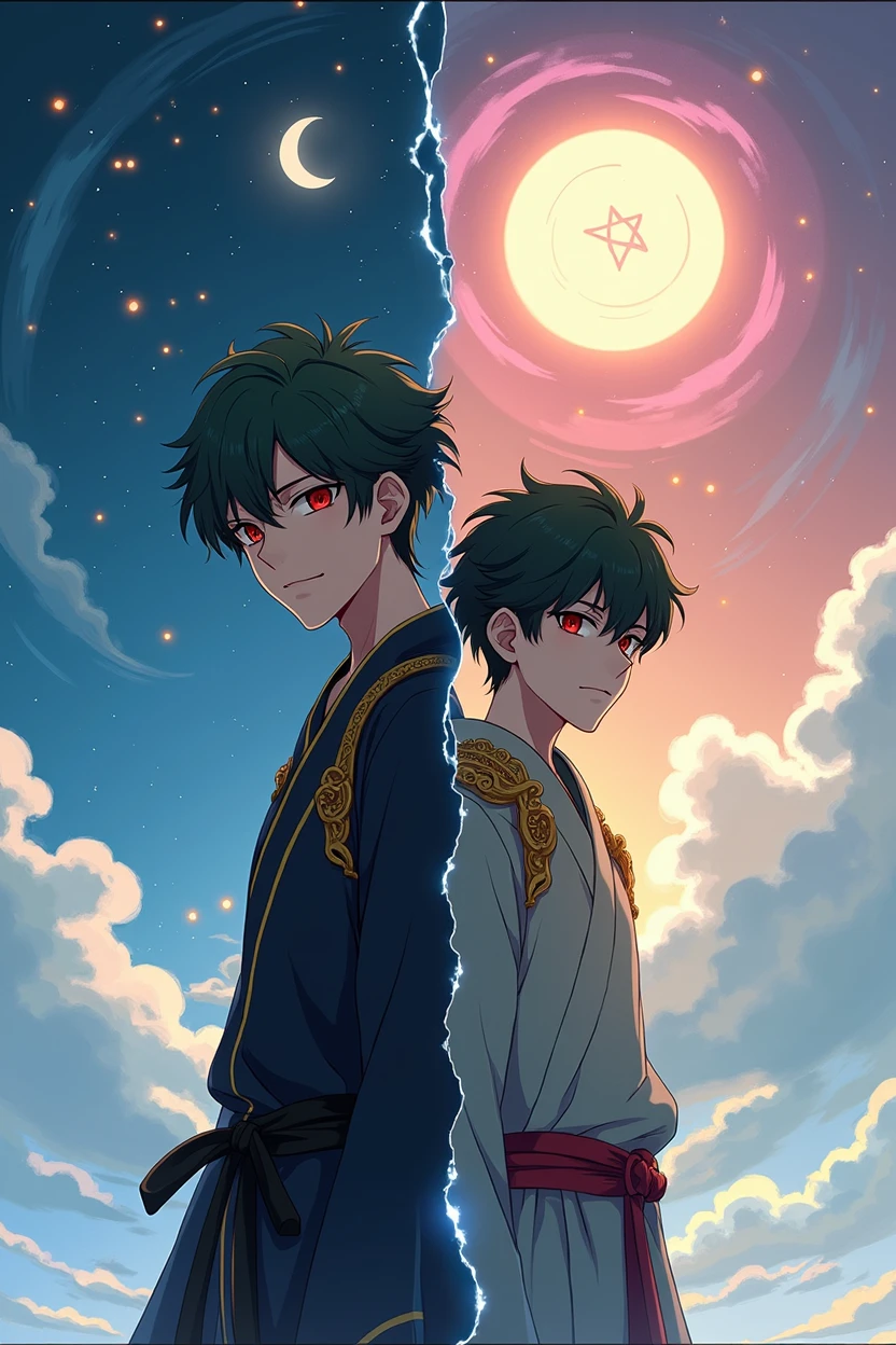 Anime-style illustration, high qualiy, 8k, divided into parts, inspired by Makoto Shinkai, clear image, digitalpainting, trends on ArtStation and Pixiv. The scene has a low-angle perspective, showing two humanoids in full view, divided into their own worlds by a sky-blue energy, positioned near the center of the illustration. The background features a contrasting scene with closed sky on the right and a starry night sky on the left, with natural lighting. Both characters have identical appearances: red-gold eyes, curly black hair with green bangs that reach the eyes. or adult, a Fallen Angel with an athletic physique, is in an upright pose, with his back slightly arched and his arms at his sides, looking at the sky with an expressionless expression. He wears tight martial arts clothes, made of black fabric with gold lines, designed with an opening in the back to accommodate his large, detailed wings, with stunning dark feathers. He also wears earrings. The boy, a typical Mage with a lean physique, is in a dynamic pose, with his right arm leaning forward, holding a white sacred energy sphere that floats in his hand, while purple magic shines intensely on his arm. Your expression is stern, with eyebrows furrowed in deep concentration. He wears loose clothes for the cold: Black pants with white stripes, gold shirt, black jacket with zipper and a gray sweater, besides a necklace with a blue sapphire. An illusory pentagram floats behind him, shining with symbols of light and darkness. one photo, two worlds, two mens, despite being identical, seek different things.