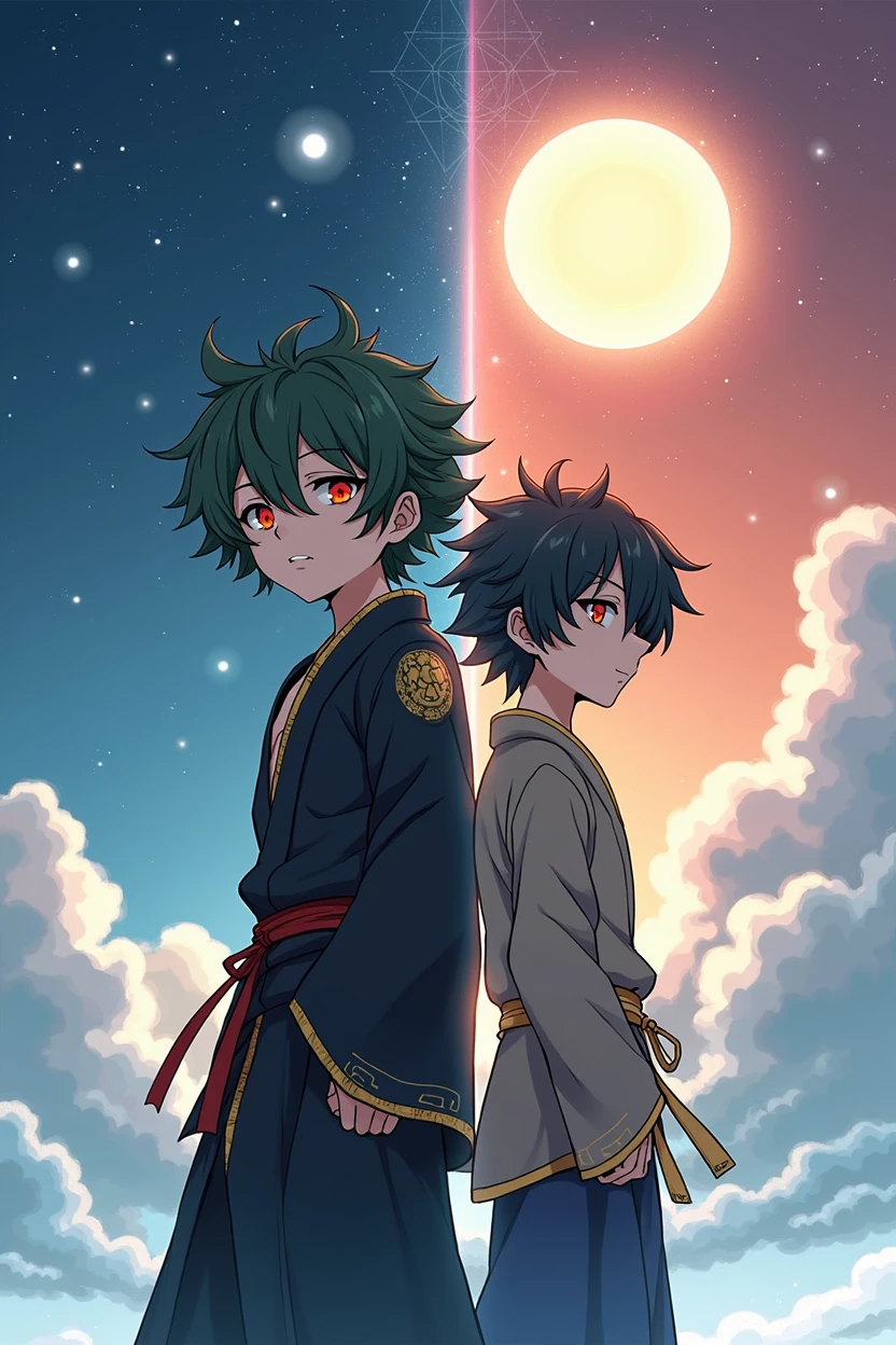 Anime-style illustration, high qualiy, 8k, divided into parts, inspired by Makoto Shinkai, clear image, digitalpainting, trends on ArtStation and Pixiv. The scene has a low-angle perspective, showing two humanoids in full view, divided into their own worlds by a sky-blue energy, positioned near the center of the illustration. The background features a contrasting scene with closed sky on the right and a starry night sky on the left, with natural lighting. Both characters have identical appearances: red-gold eyes, curly black hair with green bangs that reach the eyes. or adult, a Fallen Angel with an athletic physique, is in an upright pose, with his back slightly arched and his arms at his sides, looking at the sky with an expressionless expression. He wears tight martial arts clothes, made of black fabric with gold lines, designed with an opening in the back to accommodate his large, detailed wings, with stunning dark feathers. He also wears earrings. The boy, a typical Mage with a lean physique, is in a dynamic pose, with his right arm leaning forward, holding a white sacred energy sphere that floats in his hand, while purple magic shines intensely on his arm. Your expression is stern, with eyebrows furrowed in deep concentration. He wears loose clothes for the cold: Black pants with white stripes, gold shirt, black jacket with zipper and a gray sweater, besides a necklace with a blue sapphire. An illusory pentagram floats behind him, shining with symbols of light and darkness. one photo, two worlds, two mens, despite being identical, seek different things.