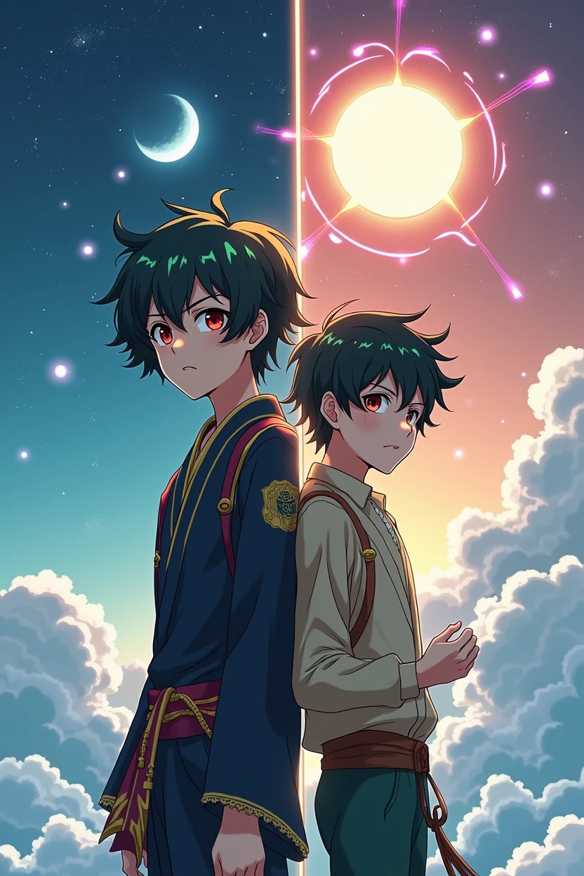Anime-style illustration, high qualiy, 8k, divided into parts, inspired by Makoto Shinkai, clear image, digitalpainting, trends on ArtStation and Pixiv. The scene has a low-angle perspective, showing two humanoids in full view, divided into their own worlds by a sky-blue energy, positioned near the center of the illustration. The background features a contrasting scene with closed sky on the right and a starry night sky on the left, with natural lighting. Both characters have identical appearances: red-gold eyes, curly black hair with green bangs that reach the eyes. or adult, a Fallen Angel with an athletic physique, is in an upright pose, with his back slightly arched and his arms at his sides, looking at the sky with an expressionless expression. He wears tight martial arts clothes, made of black fabric with gold lines, designed with an opening in the back to accommodate his large, detailed wings, with stunning dark feathers. He also wears earrings. The boy, a typical Mage with a lean physique, is in a dynamic pose, with his right arm leaning forward, holding a white sacred energy sphere that floats in his hand, while purple magic shines intensely on his arm. Your expression is stern, with eyebrows furrowed in deep concentration. He wears loose clothes for the cold: Black pants with white stripes, gold shirt, black jacket with zipper and a gray sweater, besides a necklace with a blue sapphire. An illusory pentagram floats behind him, shining with symbols of light and darkness. one photo, two worlds, two mens, despite being identical, seek different things.