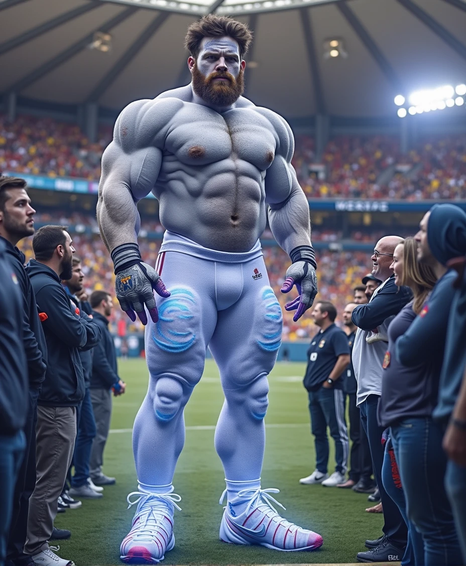 This man is wearing white football socks that reach above his knees.. These stockings are magical because they make your legs grow in a monstrous way and fill them with muscles that make the rest of your body look small.