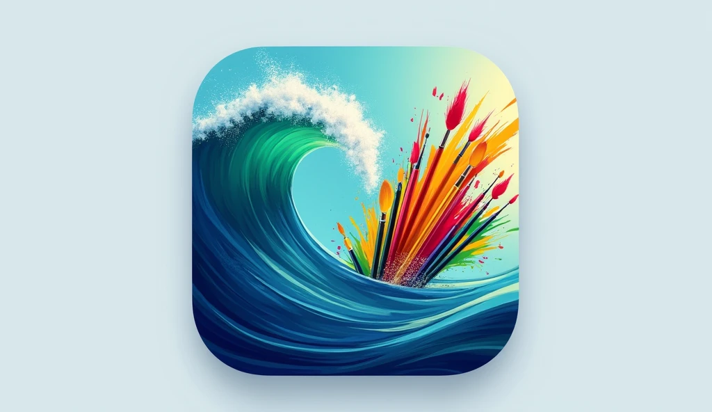 Design an app icon,Design style reference midjourney,Overall image is a combination of waves and paintbrushes.