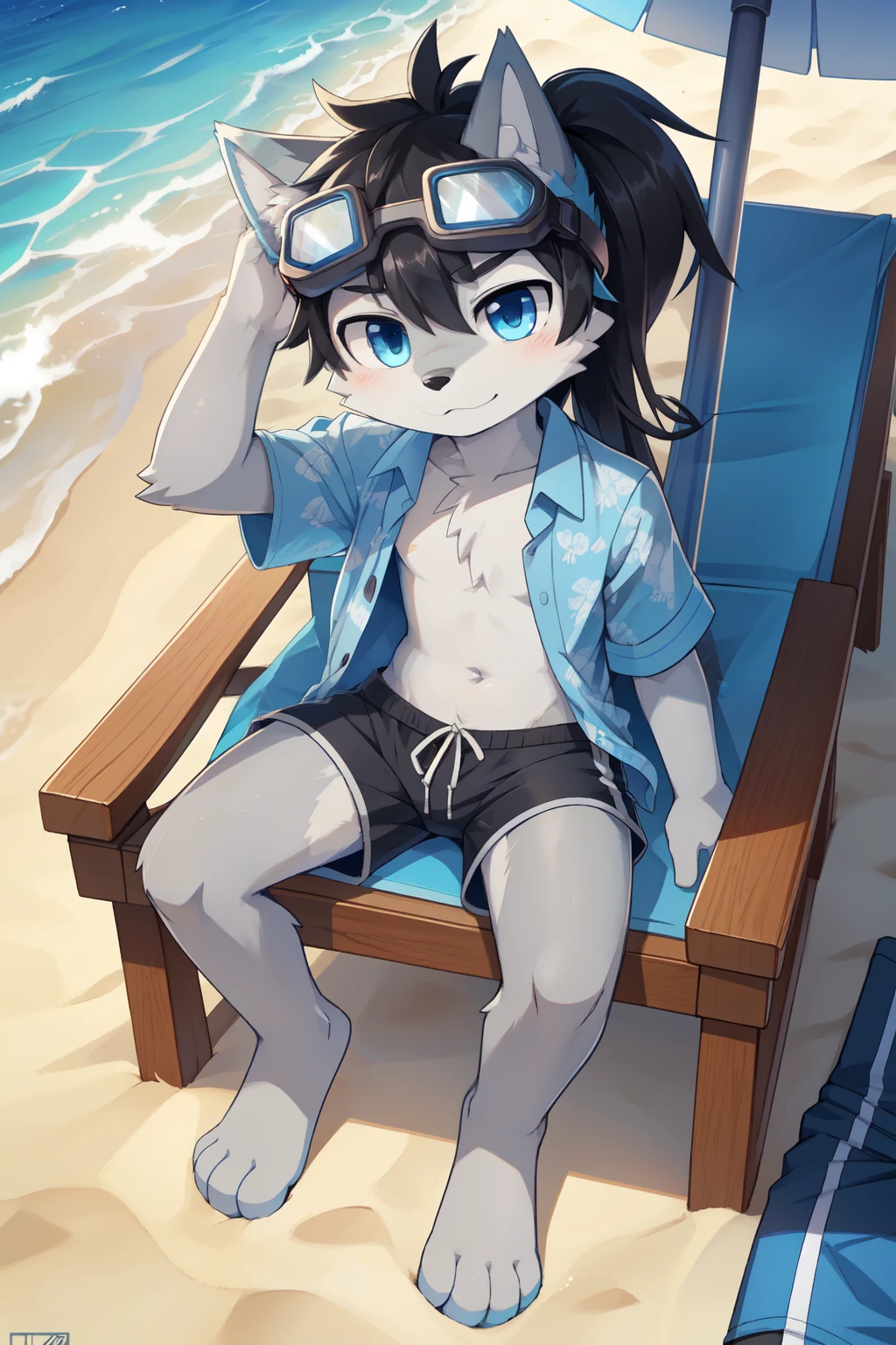 score_9,score_8_up,score_7_up, source_cartoon, source_furry, furry shota, wolf, black hair, long spiky ponytail, blue eyes, detailed body fur, two tone body fur, grey body fur, clear grey body fur, ((goggles, blue hawaiian shirt, open clothes, black swim trunks)), detailed body fur, detailed face, detailed eyes, glistering body, shiny body, gorgeous body, beach, clear sky, :3, full body, feets with three toes, 3 toes, navel, sit on beach chair, bird eye view,