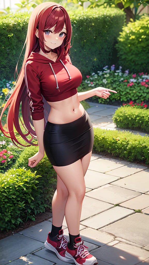 masterpiece, best quality, high detail, beautiful woman, long hair, straight hair, red hair, white hoodie, black maxi pencil skirt, long skirt:1.3, midriff, belly button, upper body, wide hips, sneakers, looking at viewer, light smile, garden, backyard,