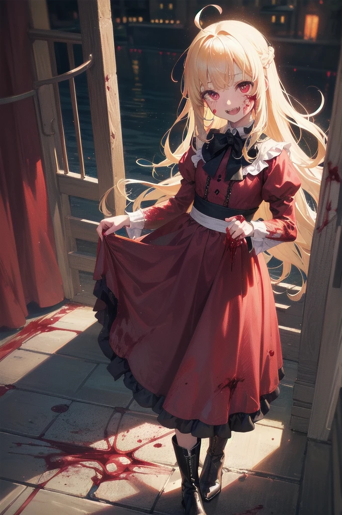 beautiful girl、とてもcute天使、Pink Lolita Dress、cute、、smile、Long skirt、Black long boots.(Highest quality,4K,High resolution,masterpiece:1.2),Very detailed,Realistic:1.37,Spooky altar background,Dark fantasy,Red color scheme,Ominous atmosphere,Eye-catching,Storytelling,anatomy,Anime Style,Concept Art,beautiful細部までこだわった顔と (((Red eyes ))),A terrifying ritual ,Satanic Ritual,Premature death,inappropriate behavior,クレイジーなsmile,Scythe Face,Girl Monster, beautiful, Delicate facial features, Sharp Eye, Sharp Fangs, pale skin, Thick chain, Dark Background, Cinema Lighting, Dramatic Shadows, Gothic style, Gloomy atmosphere, Dark fantasy, One Girl, Please open your mouth wide, Open your mouth and baring your teeth,Sharp teeth like a beast, Wide lips, very wide mouth, Vermilion cheeks, ,(Blood splatter:1.4),Scary smile, smile,Angel Design, Twisted smile、Bloody、bleeding from the head,,,,,、Blood splatter、,(Blood splatter:1.4),skull,Horror Style, ((Fantasy Sweet Ta Frill Pink Costume)), ((Flowing blonde hair)), ,(Blood splatter:1.4),Female curves, Sexy flat stomach, Perfect hands, Perfect anime face, (A pink dress)), Are standing, ((邪悪なsmile)), ,(Blood splatter:1.4), Steam circulates, Moonlight Illumination, night lighting, (Blood splatter:1.6),アニメAngel Design, Twisted smile、Bloody、bleeding from the head,,,,,、Blood splatter、,(Blood splatter:1.4), skull,Gothic architecture、Western architecture、Fantasy World、,Victorian cities, Skeleton Gas Light,Absurd, High resolution、 ((Tabletop)), ((Highest quality)), (Very detailedな), ((Very detailed)), (beautiful), ((cute)), (NFSW:1.8), alone,(10 years old:1.6)、(world&#39;The most terrifying and creepy demon girl:1.5)beautiful face、Whole Body Ezbian、pale, beautiful肌、beautiful金の髪、Smiling Kindly、Dark building ruins、(snow white&#39;Frill dress:1.3)、(The dark ruins are stained with blood:1.3)、Low angle full body shot、(少女は血の海の中にAre standing:1.5)、(The ground is full of blood:1.3)、(The girl lost a lot of blood....:1.3)、(クレイジーなsmile:1.6)、Spirits、(Blood dripping from the mouth:1.3)、Create a photorealistic dark chapel image set, Illuminated only by moonlight, with an anime-style character as the protagonist. She is portrayed as an evil guru.., She is wearing a black dress、Wearing a striking black veil。., pale肌, and long black claws. Her eyes are red, Adding to her eerie presence. Pagan God々Surround her with symbols, Integrate into the dark chapel environment. リアルなチャペルと様式化されたアニメののコントラストが際Are standingはずです, Emphasis on the integration of various artistic mediums.