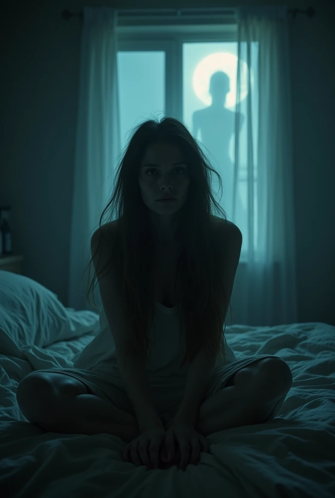 A woman sat on bed in her room,scary,night,fog,