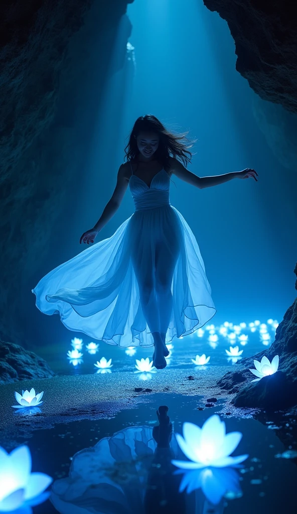 realistic photography, fantasy, a grin beautiful Japanese woman 25yo. Happy moment cute ,girl, in dark cave, wearing white Chiffon fabric flower dress flowing., ,creating glowing flowers , glowing blue light, dynamic color, there is flowers glowing light scattered around her, depth of field, dynamic angle, fantasy, fantastic , dynamic dancing movement, gymnastics