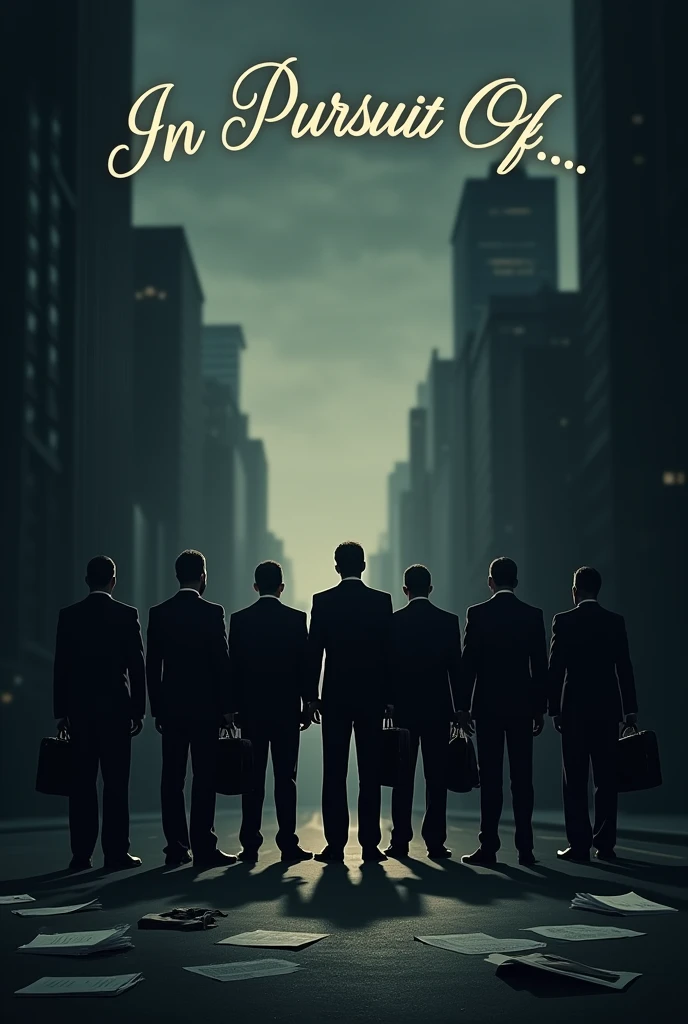 Generate a poster for a play named 'In Pursuit Of...' based on unemployment and have a very small mob on unemployed people without faces not in hoodie but in formals