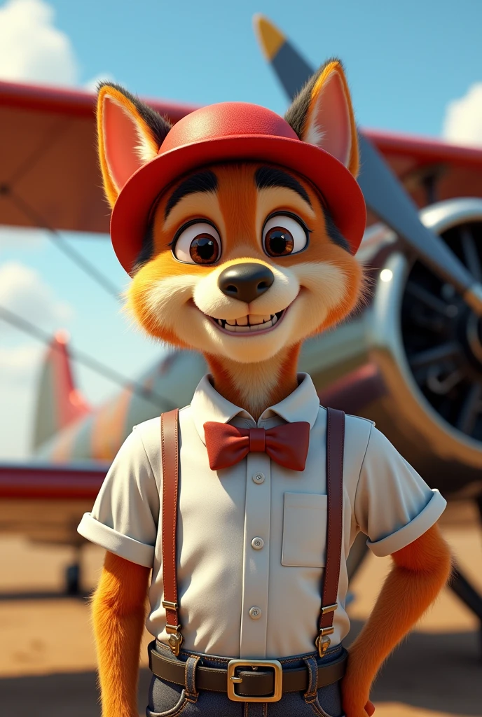 Photorealism, day, furry male, hat, male focus, red headwear,white shirt,bow tie smile, (((solo))), (standing near a vintage plane:1.2), ultra detailed, masterpiece in maximum 16K resolution, superb quality.