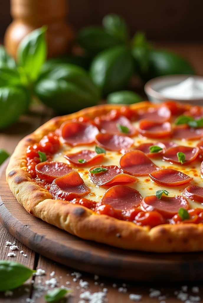(photorealism:1.2), Delicious full ham pizza perfectly focused