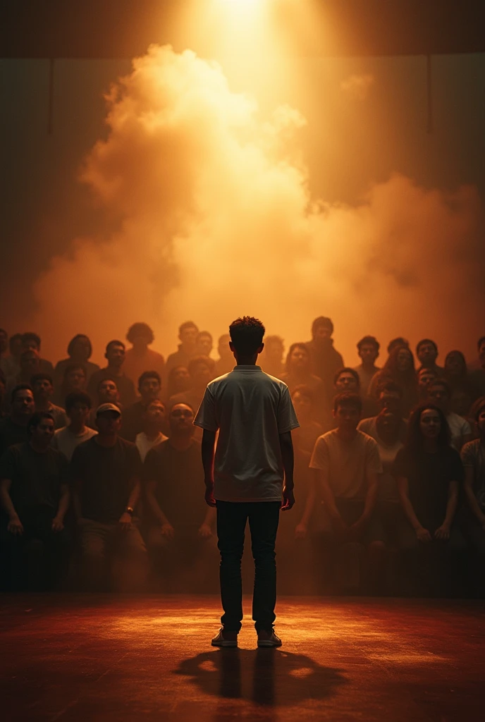 on a stage in the spotlight，A young Chinese man，Being chased by thousands