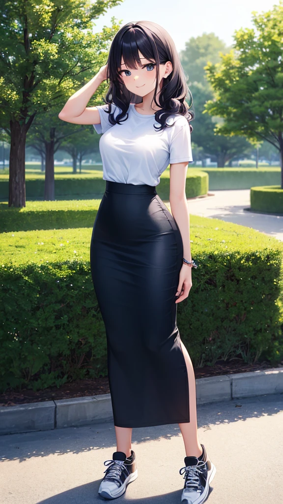 masterpiece, best quality, high detail, beautiful woman, wavy hair, dark blue hair, white t-shirt tied, jean jacket, black maxi pencil skirt, long black skirt, sneakers, looking at viewer, wide eyed, garden, park, tree, smile, hand on head, 