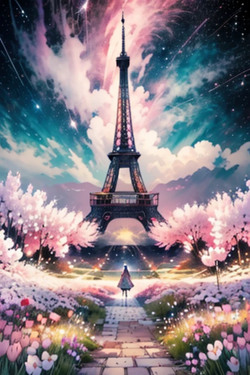 masterpiece, Concept art, panorama, in the center, Figure, overall plan, flower garden, night, (Meteors), Cosmic Galaxy Background, (Great composition, Epic proportions), dynamic lighting, bright colors, cherry blossom, monochrome (Three colors)