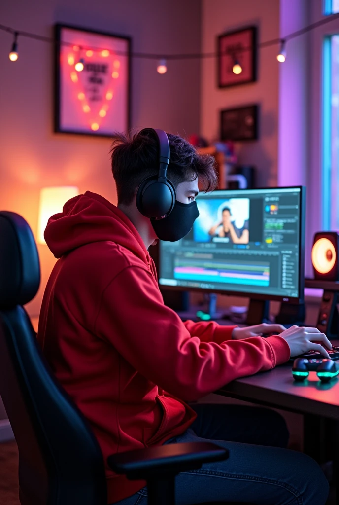 18 old boy with red hoodie and black mask in his youtube studio making his youtube vedio in his mic 
In 16:9