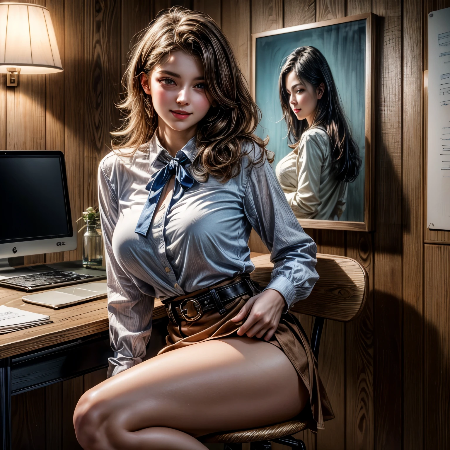 Beautiful young woman,Age 25,Delicate and well-defined features,Large expressive eyes,Pale pink lips,Perfect porcelain skin,Brown hair, black eyes,Add highlights to the eyes,Straight Hair,Graceful posture,A look full of happiness,(A blue blouse with a detailed and elegant pattern,Red tie,skirt),Thick belt,pumps,Beautiful thighs,sit cross-legged on a chair,A drink on the desk,(A portrait of a beautiful woman hanging on the wall:1.2),
Depth of written boundary,modern spring,company office,Light of the sun,Wood grain walls,Wood grain shelves,Chic décor,Whiteboard,A laptop on the desk with work in progress,Document bundle,Fluorescent white light,Edge lighting,Very detailed,Cinematic composition,Intricate details,Digital Painting,
(Super detailed,Assertive breasts,Soft Shadows,Fascinating:1.3),Official Art,
Warm tones,Cozy atmosphere,A gentle and sweet space,Thin contours,
Dynamic composition,Dramatic Scene,Dynamic Action,
reality,Actual photo,Photorealistic,
masterpiece,Highest quality,High resolution,Ray Tracing,8k,Raw photo,Award-winning,
beautiful,Browsing Caution,Accurate human body,Perfect Anatomy,
(Look at me and smile,Natural lighting on a woman's face,More beautiful and detailed face),(Detailed and perfect face and body,Close up her:1.2),
Curvaceous,(Provocative and bold behavior),
Correct five-finger,