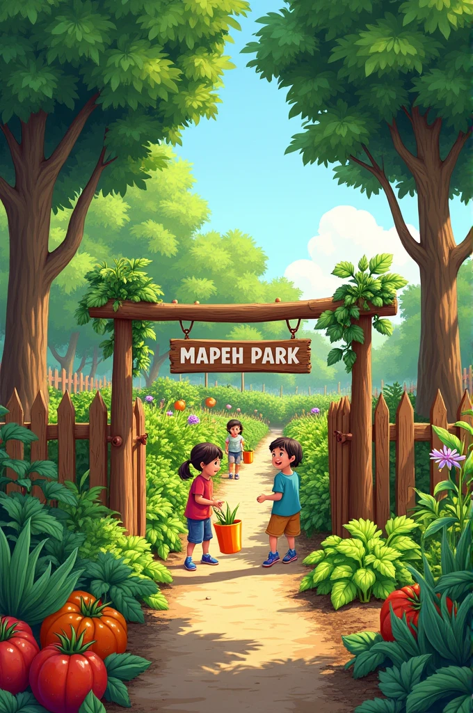 “a slightly top view of vegetable garden,” “with gate that says MAPEH PARK”, “fences around the garden,” “trees at the back of the garden.” “kids Illustration”