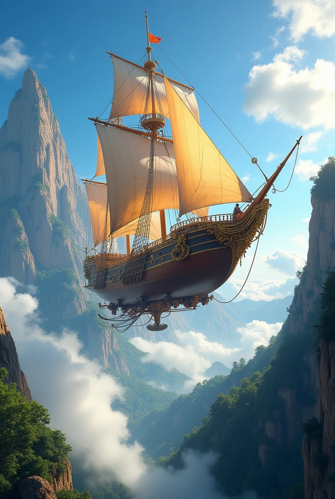 A special ship leaving the clouds on a clear day, from the sun, with the Finger of God mountain in the city of Teresópolis in the background