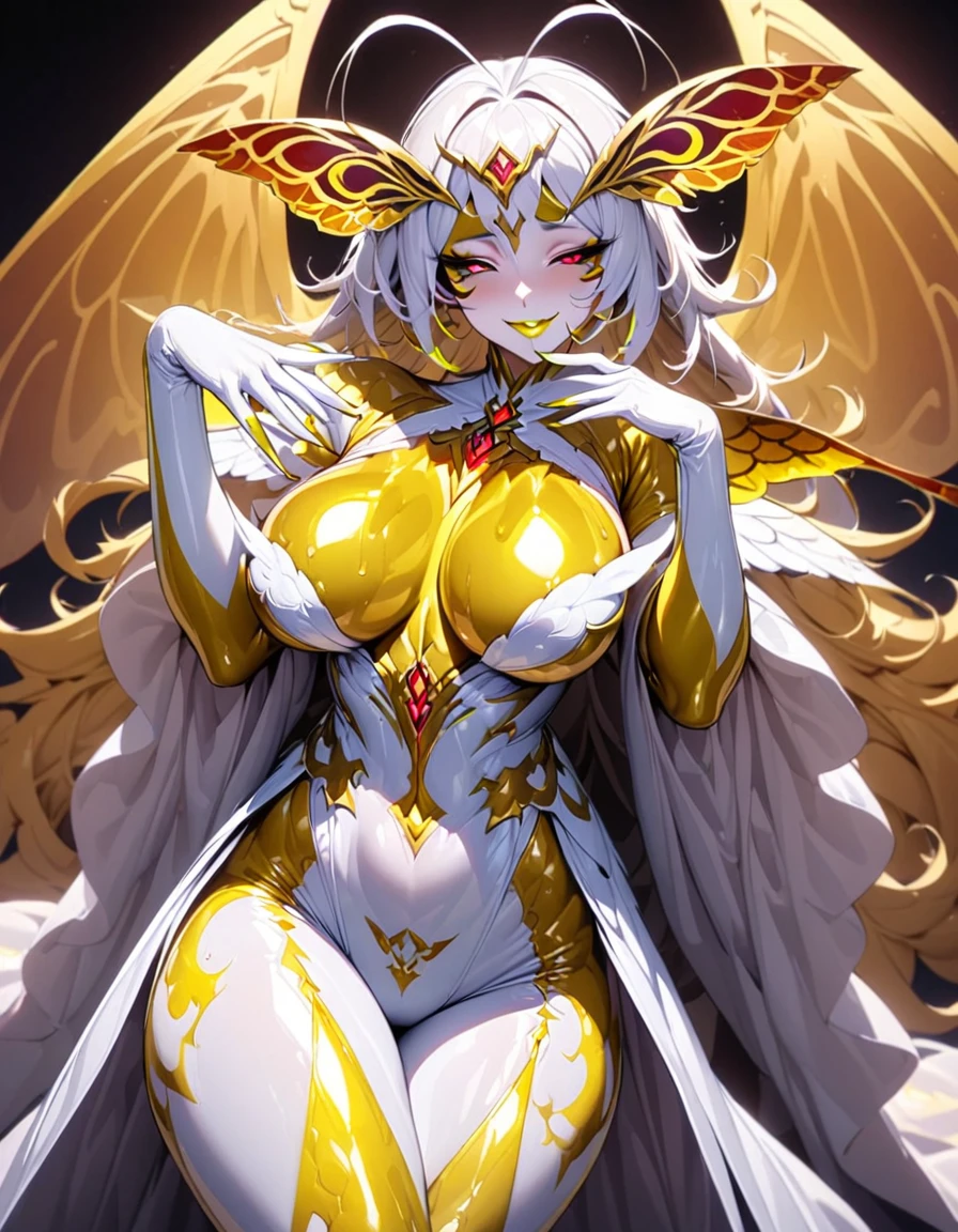 ((highest quality)), ((masterpiece)), (detailed), （Perfect Face）、（The woman is a beautiful alien named Princess Leona, with the same body as the alien, long light brown hair that is straight, a slender body but with normal breasts, and is wearing an alien suit and has alien decorations.）、A gentle smile and naked as she snuggles up to the Alien King、The strange alien and the woman are in the alien nest, married to the alien king, and are smiling happily together.、The woman is wearing an engagement ring