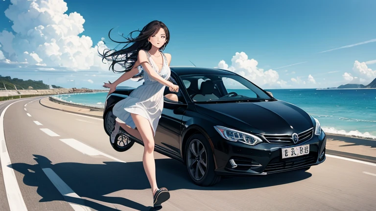 A lightly dressed woman rides in an open car、Please draw an illustration of someone running along a road by the sea.。The woman's expression is cheerful、In the background you can see the white sand beach and the crashing waves of the ocean.。Expresses a scene that captures a refreshing summer moment.。