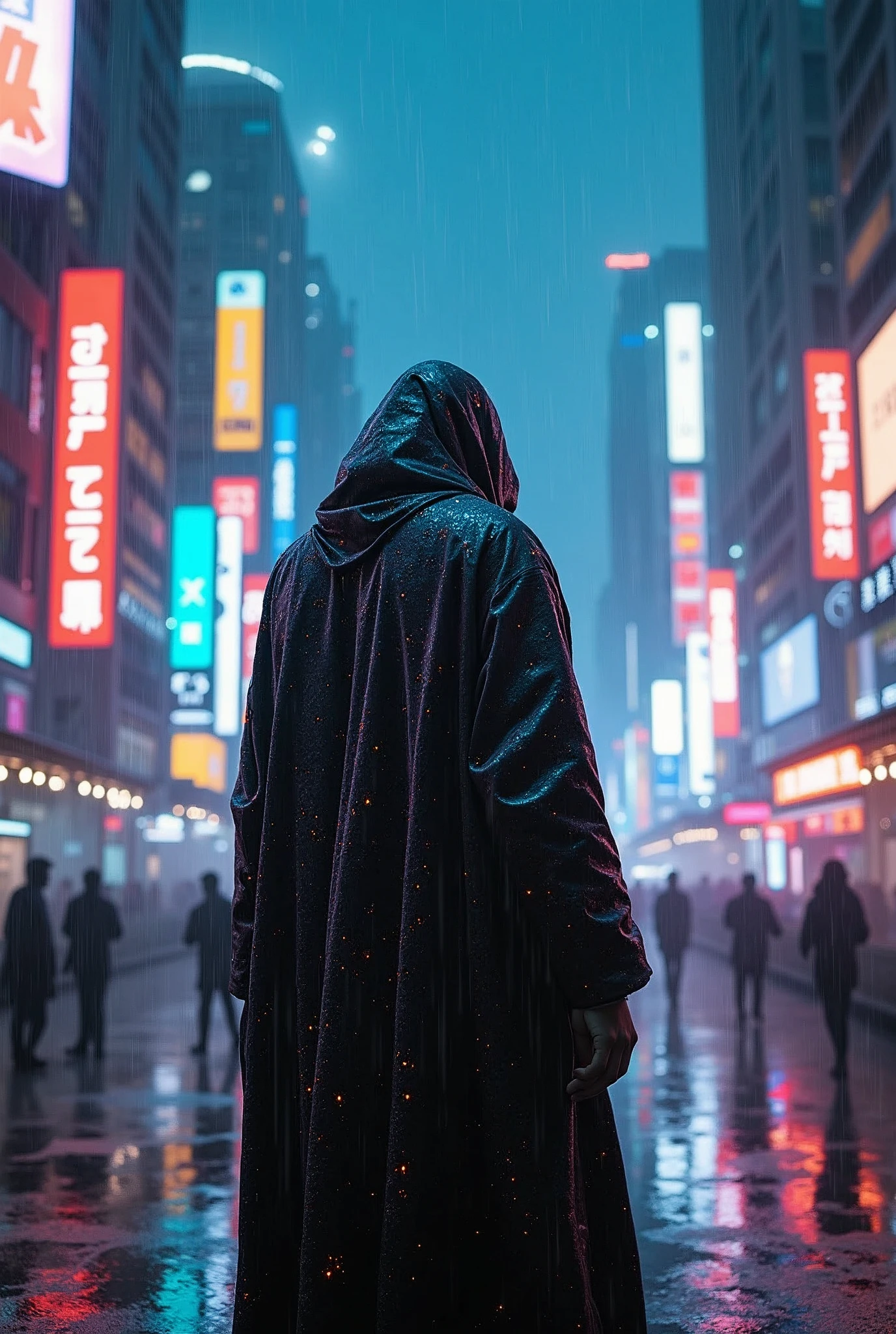 (best quality:1.3), (best performance:1.2), (best illustration:1.2), (Comic style:1.2), (artistic cinematic lighting:1.2) (1man) wearing futuristic technological Cyberpunk electronic robes, his body is covered by metallic parts, in a cinematic horror movie background in a futuristic Cyberpunk city.